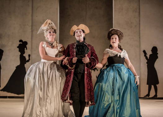 Samantha Clarke as Georgiana, Benjamin Hewlett as the Duke of Devonshire and Susanna Fairbairn as Bess in 'Georgiana' at the Buxton Festival. Photo © 2019 Genevieve Girling