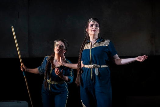 The supposed Goddess Diana, actually the lusting Jupiter in disguise (Sophie Goldrick) with (behind) the amorous Calisto (Chiara Vinci). Photo © 2019 Matthew Williams-Ellis