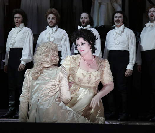 Cecilia Molinari in her trouser role with Jessica Pratt (seen from the back) and members of the chorus in 'Demetrio e Polibio' at the Rossini Opera Festival. Photo © 2019 Studio Amati Bacciardi