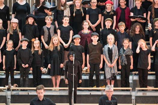 The exuberant sixty-strong Three Choirs Festival Children's Chorus, which made such a moving success in Carl Davis's 'Last Train to Tomorrow', the story of the Nazi-era Kindertransport. Photo © 2019 Michael Whitefoot