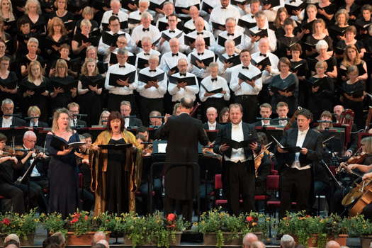 The four soloists, Ilona Domnich,  Catherine Wyn-Rogers, Andrew Staples and David Stout in Adrian Partington's sizzling performance of Beethoven's 'Choral Symphony'. Photo © 2019 Michael Whitefoot