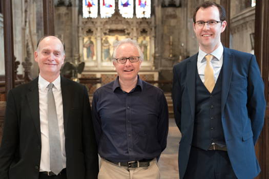 The Three Artistic Directors of the Three Choirs Festival - Adrian Partington (Gloucester), Geraint Bowen (Hereford) and Samuel Hudson (Worcester). Photo © 2019 Michael Whitefoot