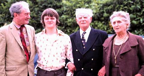 From left to right: John Russell, Adrian Williams, Bernard Shore and Olive Shore in 1977