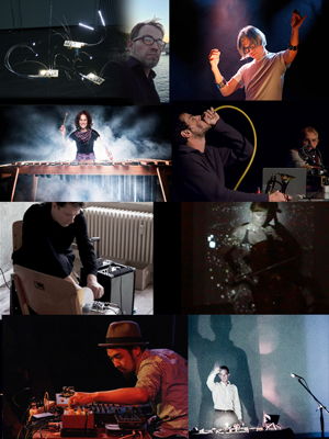 A montage of photos of the performers on 15 September 2019. Clockwise from top-left: Daniel Schorno, Atau Tanaku, Mazen Kerbaj (left) and Joel Ryan, Rebekah Wilson, Nic Collins, Takuro Mitzuta Lippit, Jan Stephan Werner and Tina Blane