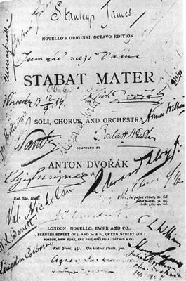 The title page of Dvořák's Stabat Mater score, signed by Dvořák and members of the orchestra following the performance in Worcester, UK on 12 September 1884