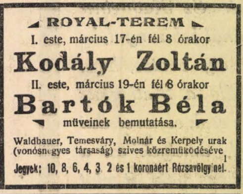 Kodály and Bartók's composer's evenings. A classified advertisement in the old Hungarian Newspaper, Pesti Napló (Diary of Pest), 6 March 1910
