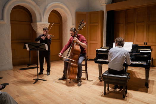 Roberto Cani, violin, Nathan Farrington, double bass and Teddy Abrams, piano. Photo © 2019 Justin Fields