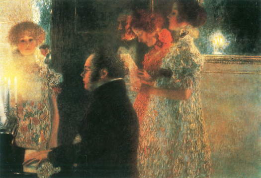 The 1899 oil-on-canvas painting 'Schubert at the Piano' (1899) by Austrian symbolist painter Gustav Klimt (1862-1918)