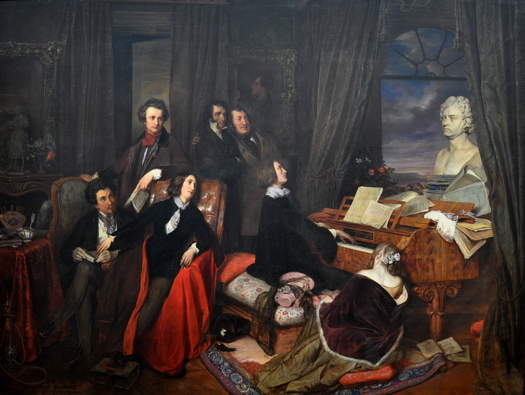 'Franz Liszt Fantasizing at the Piano' (1840) by Austrian painter Josef Danhauser (1805-45). Pictured in this imaginary gathering, from left to right, are Alfred de Musset or Alexandre Dumas, Hector Berlioz or Victor Hugo, George Sand, Niccolò Paganini, Gioachino Rossini, Franz Liszt (at the piano), Marie d'Agoult and a bust of Beethoven.