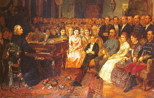 Franz Liszt giving a concert for Emperor Franz Joseph I on a Bösendorfer piano