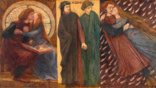 Paolo and Francesca da Rimini - the 1855 triptych by Dante Gabriel Rossetti, based on 'Inferno' from The Divine Comedy by Durante di Alighiero degli Alighieri (c1265-1321), usually known as Dante