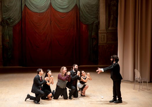 From left to right: Edoardo Ferrari as Edoardo, Sachi Nogami as Fanny, Giulio Iermini as Slook, Ivan Caminiti as Norton, Agnese Gallenzi as Norina and Matteo Nardinocchi as Tobia in Rossini's 'The Marriage Promissory Note' in Rome. Photo © 2019 Manuela Giusto