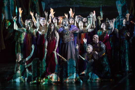 A scene from Verdi's 'Aida' in Ravenna with, at the centre, Monika Falcon in the title role and Serban Vasile as Amonasro. Photo © 2019 Zani/Casadio