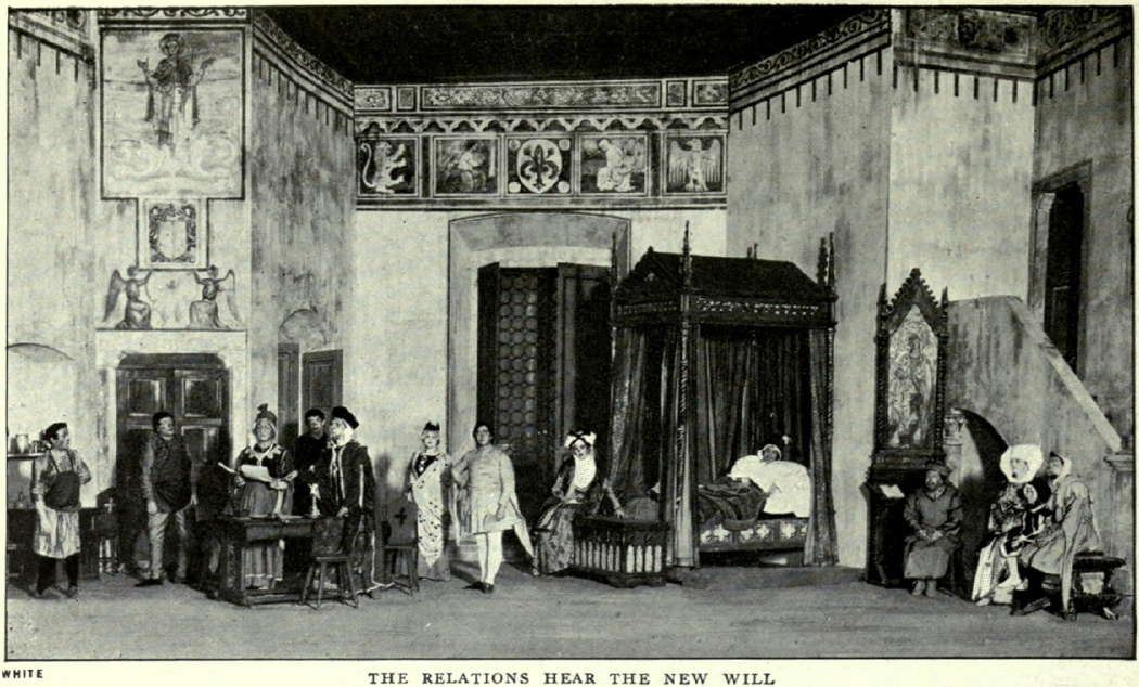 A 1918 photo of the Will Scene from an American production of Puccini's opera 'Gianni Schicchi', where the Donati relatives listen to the reading of the new will, taken from the 1921 Victrola book of the opera