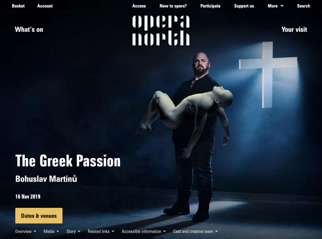 Online publicity for Opera North's 'A Greek Passion'