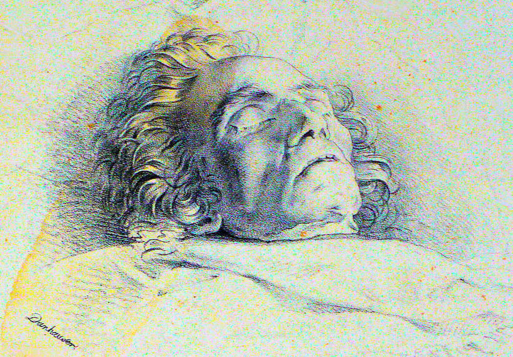Lithograph of Beethoven on his deathbed by Austrian painter Josef Danhauser (1805-1845)
