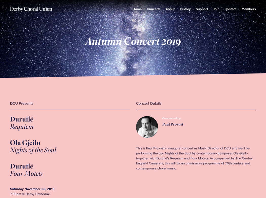 Online publicity for Derby Choral Union's Autumn Concert 2019
