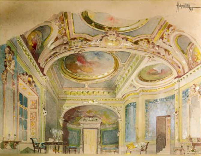 Set design for Act II of Puccini's 'Tosca' (Palazzo Farnese) in 1900 by German advertiser, costume designer, illustrator, painter and constume designer Adolf Hohenstein (1854-1928)