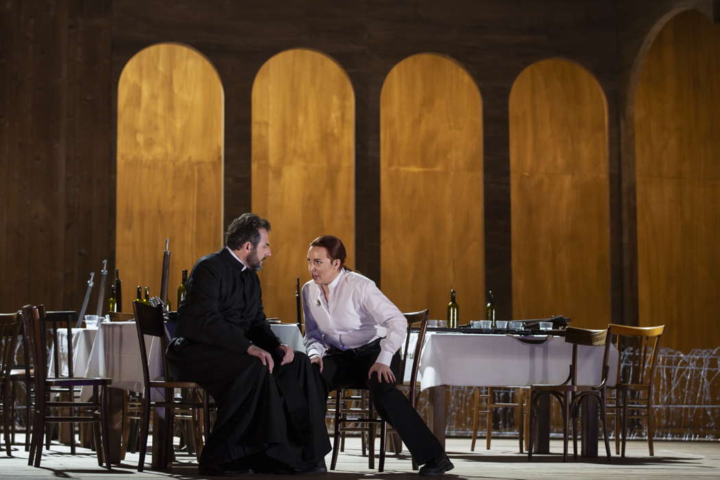 Nicola Ulivieri as Lorenzo (left) and Vasilisa Berzhanskaya as Romeo in Bellini's 'I Capuleti e i Montecchi' at Teatro dell'Opera di Roma. Photo © 2020 Yasuko Kageyama
