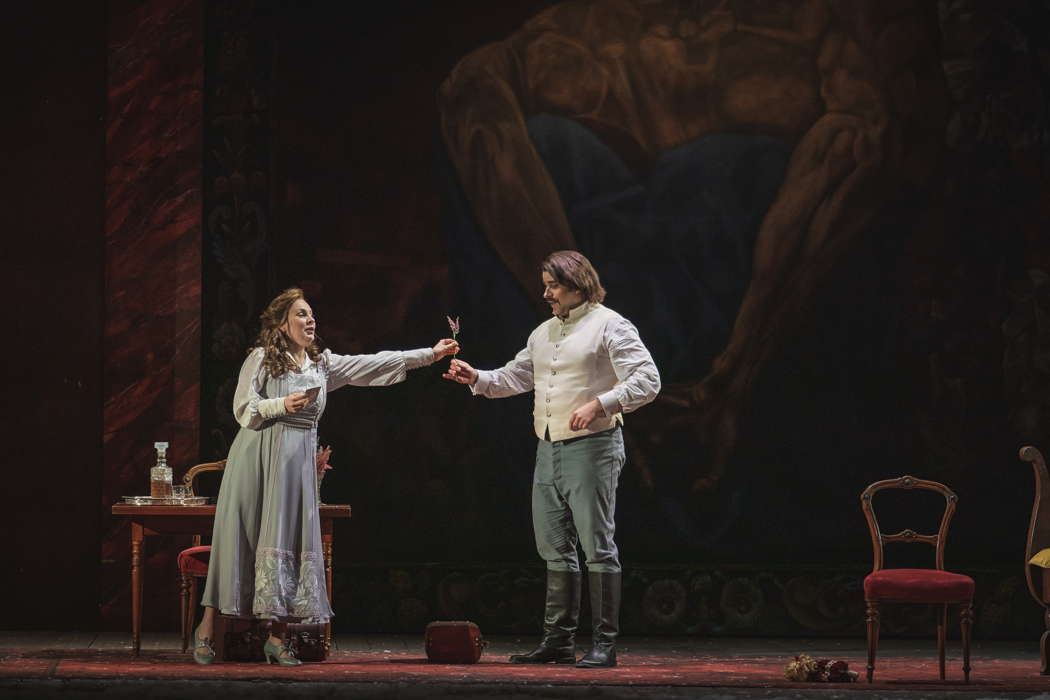 Anne Sophie Duprels as Katiusha and Matthew Vickers as Dmitri in Franco Alfano's 'Risurrezione' in Florence. Photo © 2020 Michele Monasta