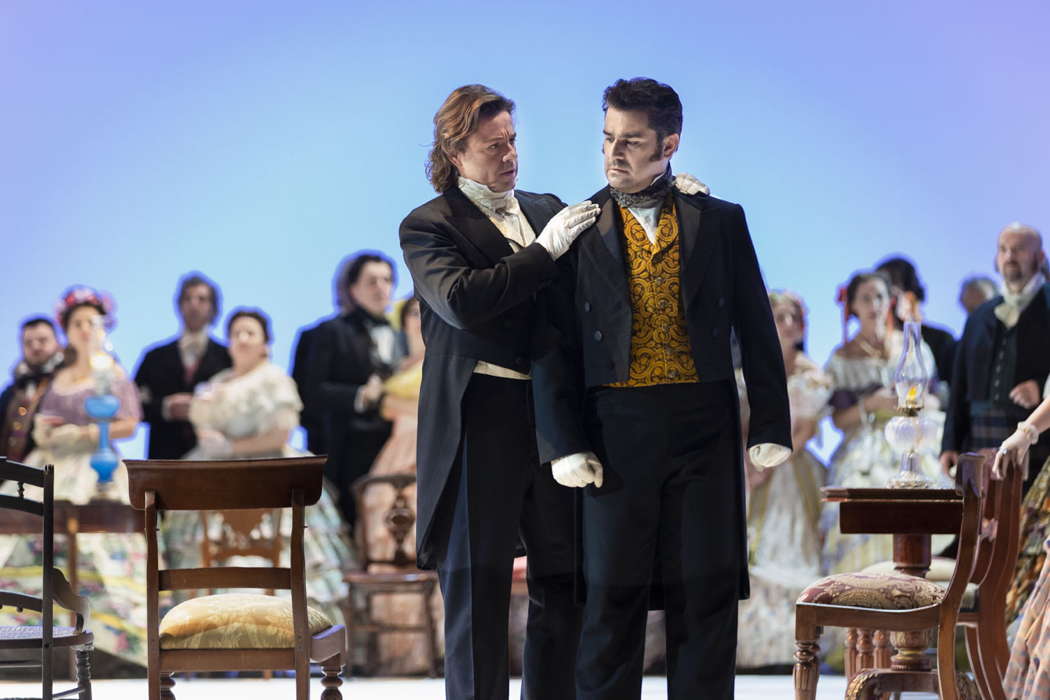 Markus Werba as Onegin (left) and Saimir Pirgu as Lensky in Tchaikovsky's 'Eugene Onegin' at Teatro dell'Opera di Roma. Photo © 2020 Yasuko Kageyama