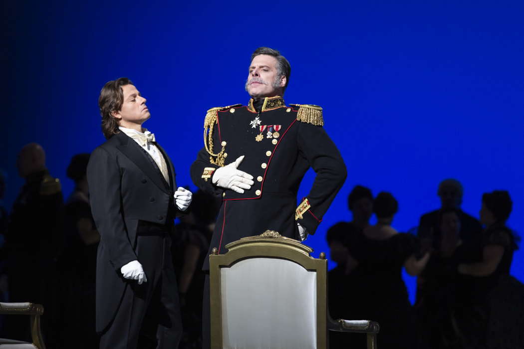 Markus Werba as Onegin (left) and John Relyea as Prince Gremin in Tchaikovsky's 'Eugene Onegin' at Teatro dell'Opera di Roma. Photo © 2020 Yasuko Kageyama