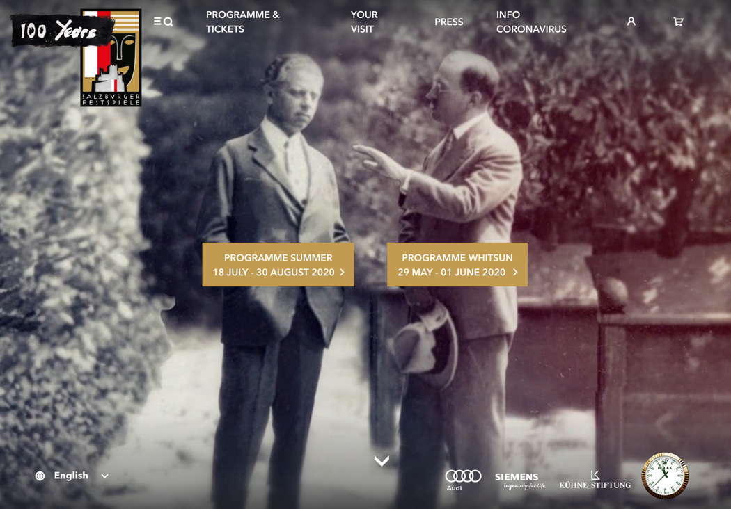 Another screenshot of the Salzburg Festival homepage, showing two of the 'founding fathers' on the cover page of the festival's centenary programme