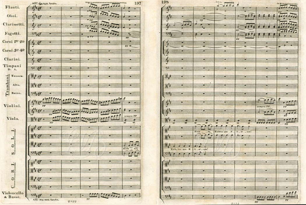 The first two pages of the first edition of the choral finale of Beethoven's Symhphony No 9 in D minor, Op 125
