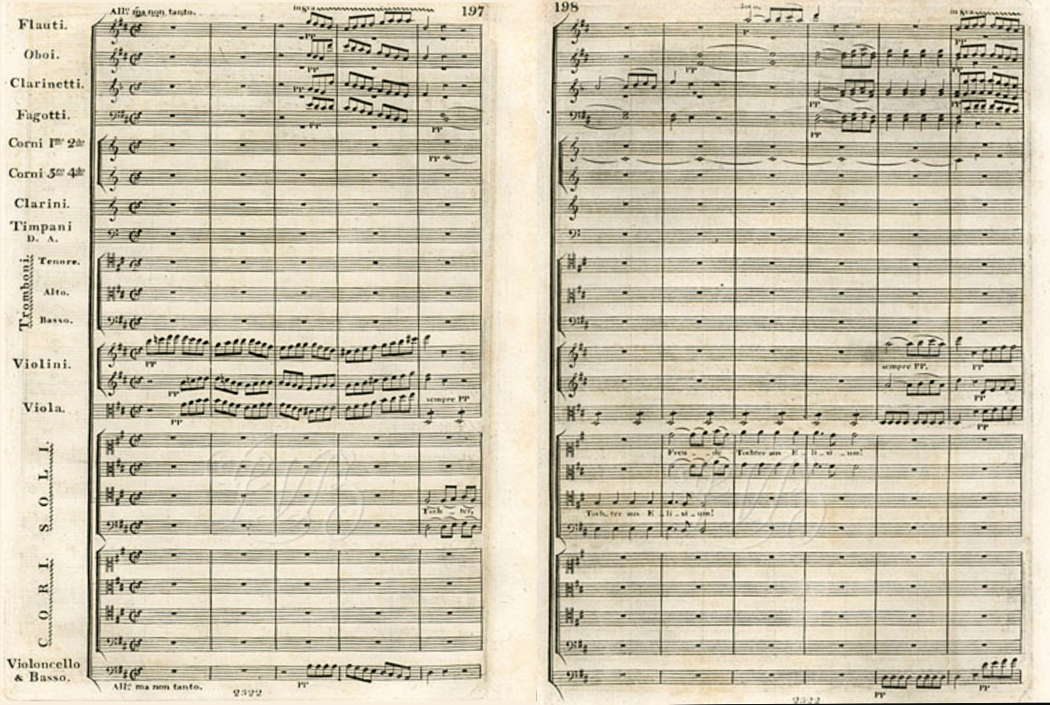 The first two pages of the first edition of the choral finale of Beethoven's Symhphony No 9 in D minor, Op 125