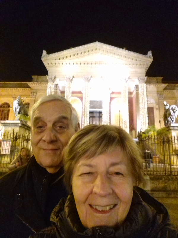 Giuseppe Pennisi and his wife in front of Teatro Massimo di Palermo on 20 January 2019