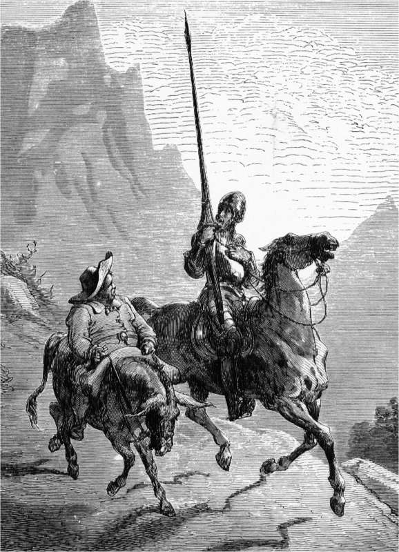 An 1863 illustration of Cervantes' Don Quijote de La Mancha and Sancho Panza by French artist Gustave Doré (1832-1883)