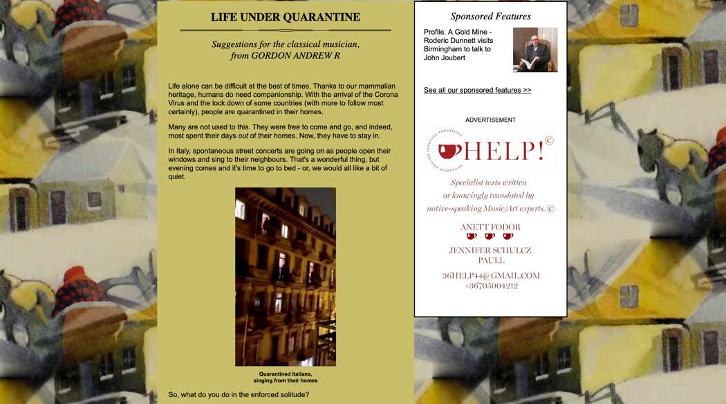 The 'Life under Quarantine' series, March-May 2020 at Classical Music Daily, by Gordon Andrew R