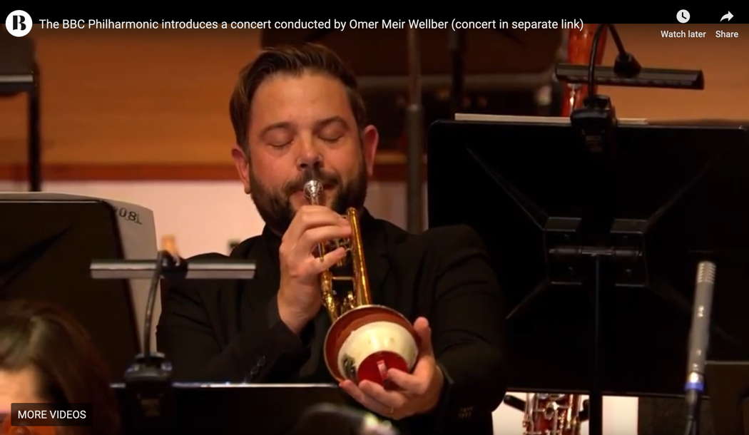 A screenshot from the introductory video showing Gary Carr playing solo trumpet in a Mozart cadenza