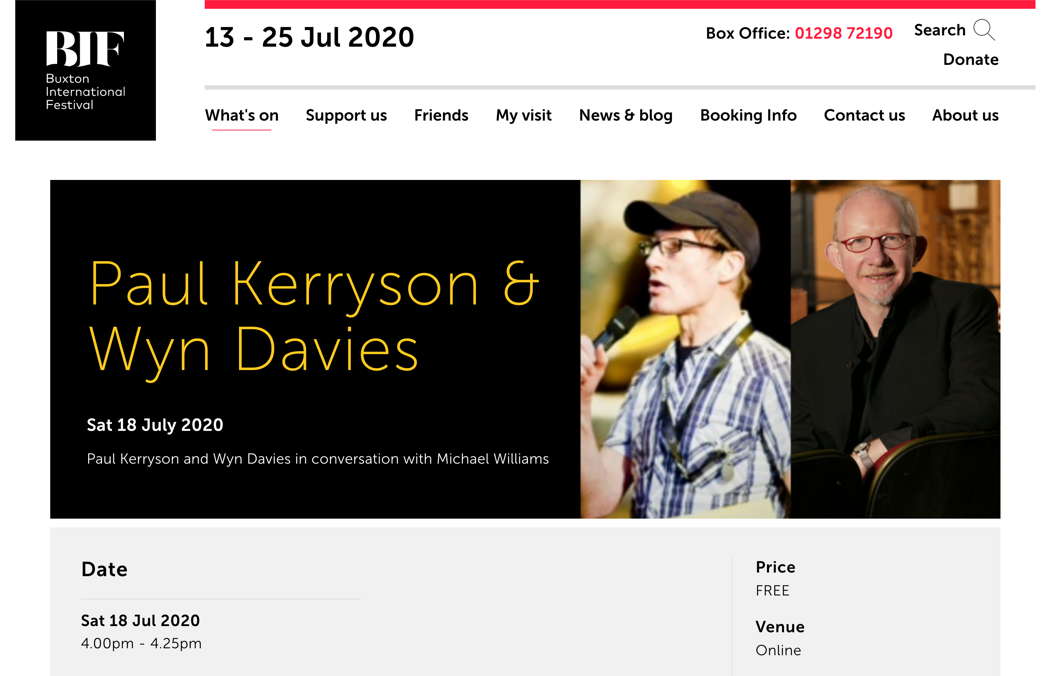 Online publicity for the Buxton Festival film 'Paul Kerryson and Wyn Davies in conversation with Michael Williams'