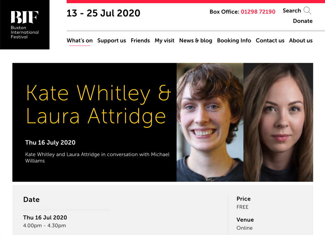 Buxton Festival online publicity for 'Kate Whitley and Laura Attridge in conversation with Michael Williams'
