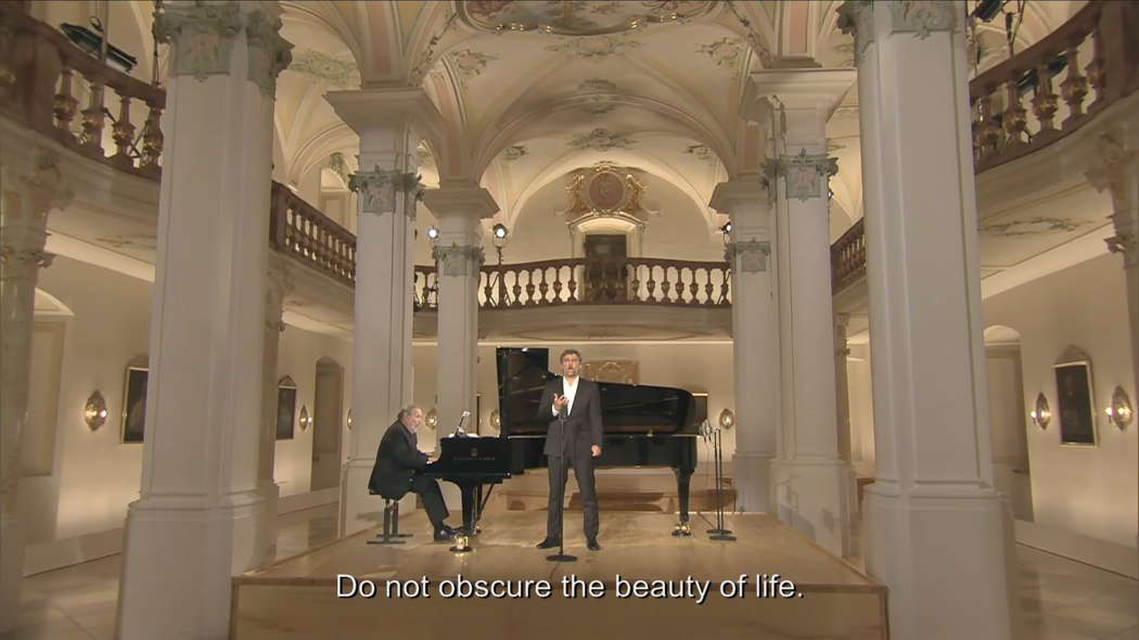 A still frame from New York Metropolitan Opera's Jonas Kaufmann/Helmut Deutsch recital live from Polling Abbey Library on 18 July 2020