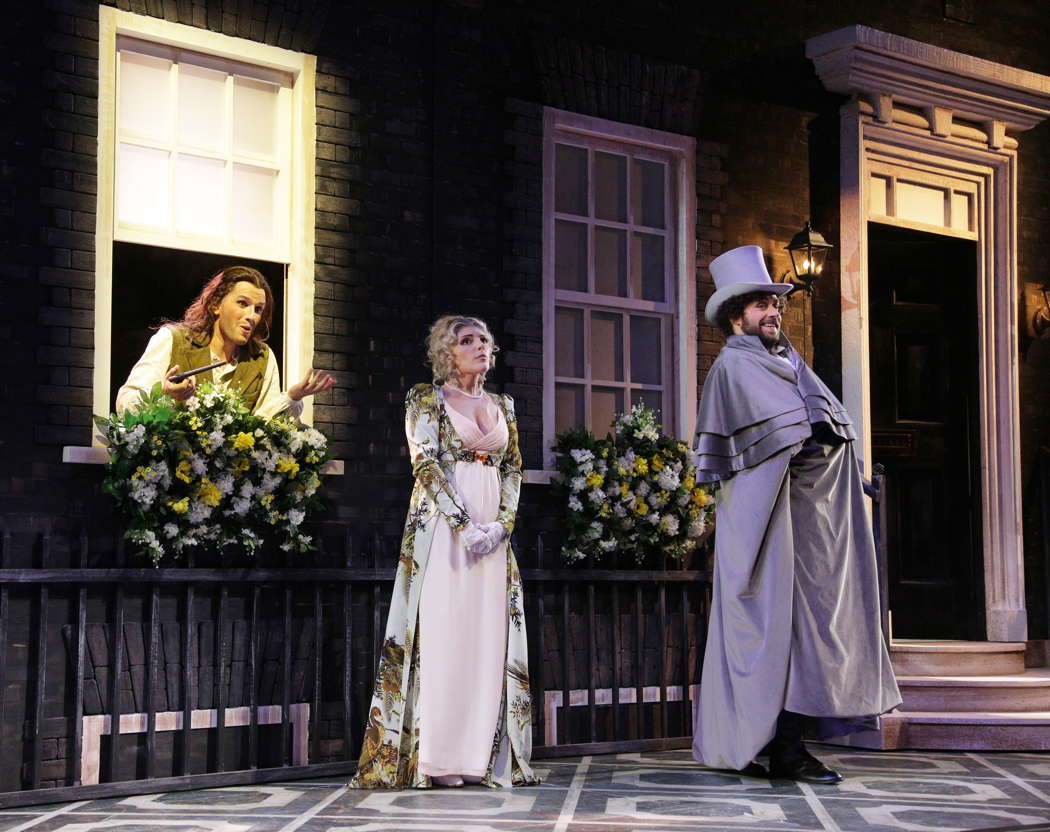 From left to right: Iurii Samoilov as Mr Slook, Giuliana Gianfaldoni as Fanny and Davide Giusti as Edward Milfort in Rossini Opera Festival's production of 'La cambiale di matrimonio'