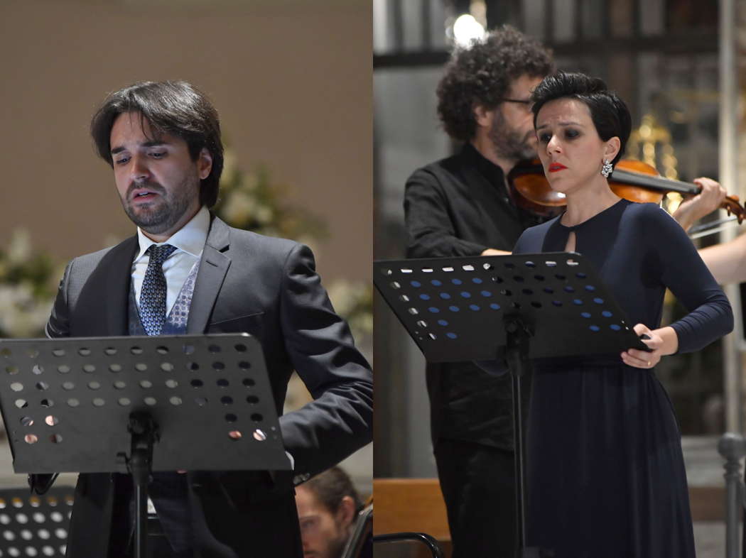 A photomontage of Carlo Vistoli and Silvia Frigato performing solo roles in Logroscino's Stabat Mater. Photos © 2020 Pino Izzo