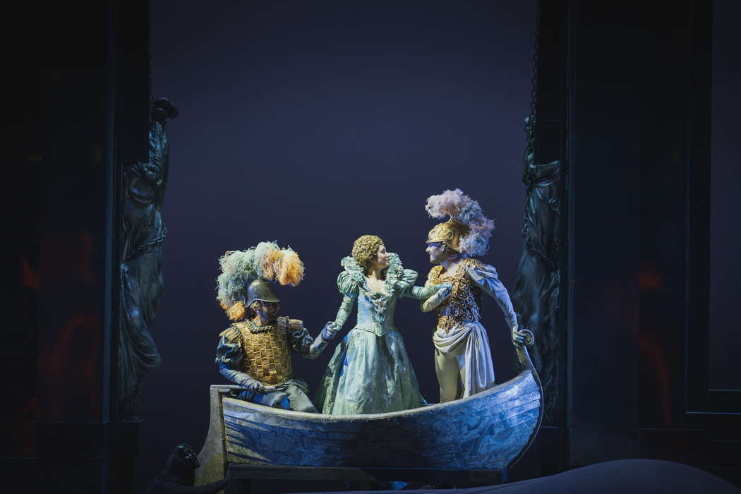 Leonardi Cortellazzi as Goffredo, Francesca Aspromonte as Almirena and Raffaele Pé as Rinaldo in Act III of Handel's 'Rinaldo' in Florence. Photo © 2020 Michele Monasta