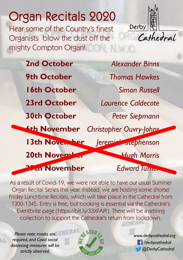 Derby Cathedral Organ Recitals 2020 - cancelled from 6 November