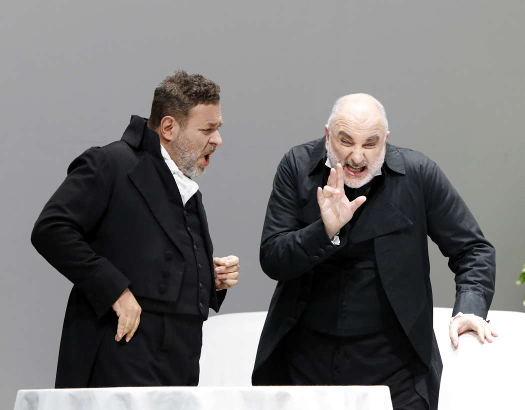 Carlo Lepore as Bartolo and Michele Pertusi as Basilio in the Rossini Opera Festival's 'Il barbiere di Siviglia'