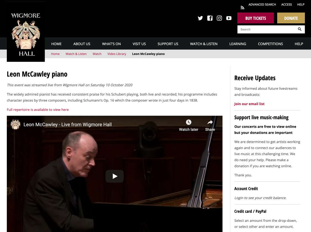 A screenshot of the web page for Leon McCawley's 10 October 2020 Wigmore Hall recital. The concert can be streamed from wigmore-hall.org.uk until 10 November 2020