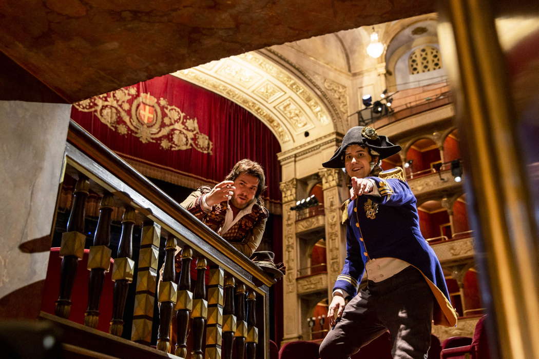 Andrzej Filończyk (left) as Figaro and Ruzil Gatin as Almaviva in Rossini's 'The Barber of Seville' in Rome. Photo © 2020 Yasuko Kageyama