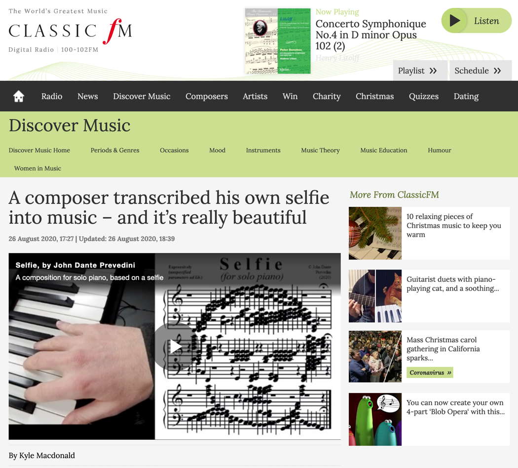 Classic FM's article about John Dante Prevedini's 'Selfie'