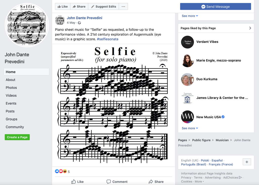 The piano score for 'Selfie' on John Dante Prevedini's Facebook page