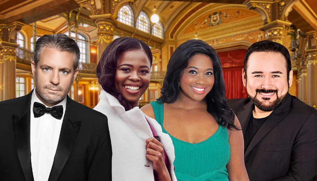 A publicity image for the Metstars New Years Eve Gala Concert. From left to right: Matthew Polenzani, Pretty Yende, Angel Blue and Javier Camarena