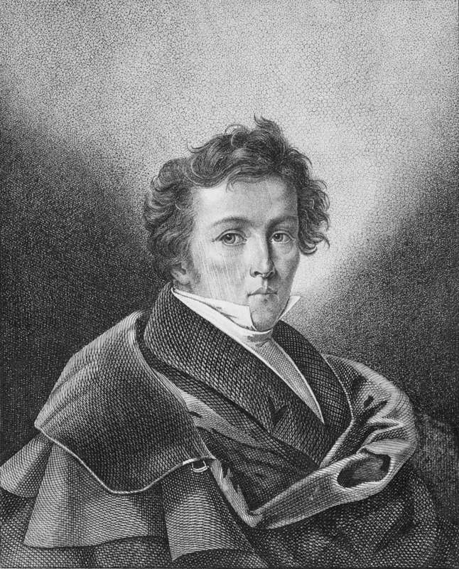 A circa 1830 engraving of the German poet Wilhelm Müller (1794-1827) by German draftsman, engraver and painter Johann Friedrich Schröter (1770-1836)