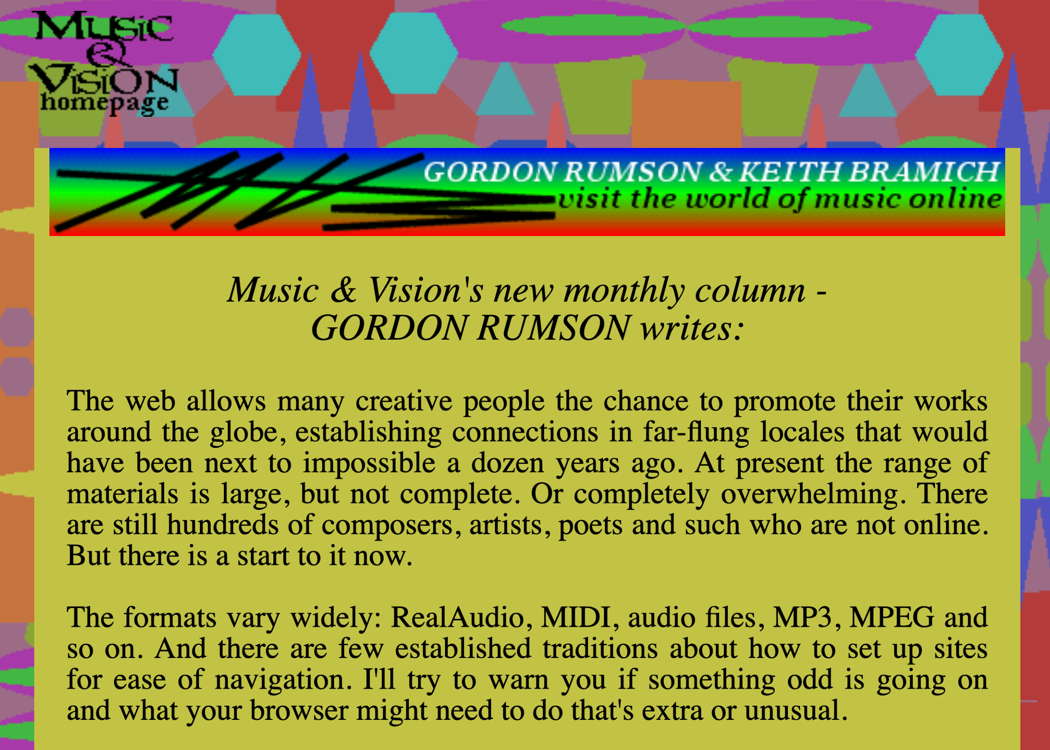 'MV3' - Gordon Rumson and Keith Bramich visit the world of music online - screenshot of part of the first column, published on 1 January 2001