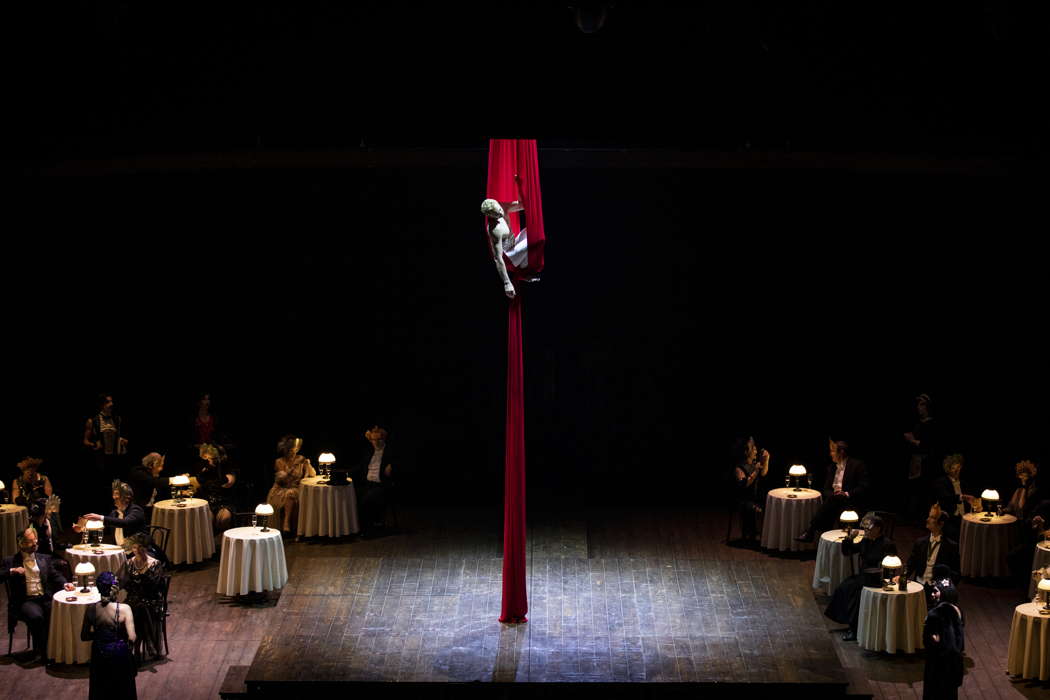 Acrobat Davide Riminucci in Rosetta Cucchi's new production of 'Adriana Lecouvreur' for Teatro Comunale di Bologna. Photo © 2021 Andrea Ranzi