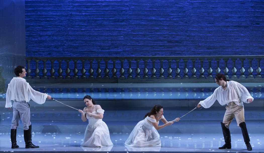 From left to right: Alessandro Luongo as Guglielmo, Eleonaro Buratto as Fiordiligi, Paola Gardina as Dorabella and Giovanni Sala as Ferrando in Mozart's 'Così fan tutte' at Teatro Regio di Torino. Photo © 2021 Silvia Lelli